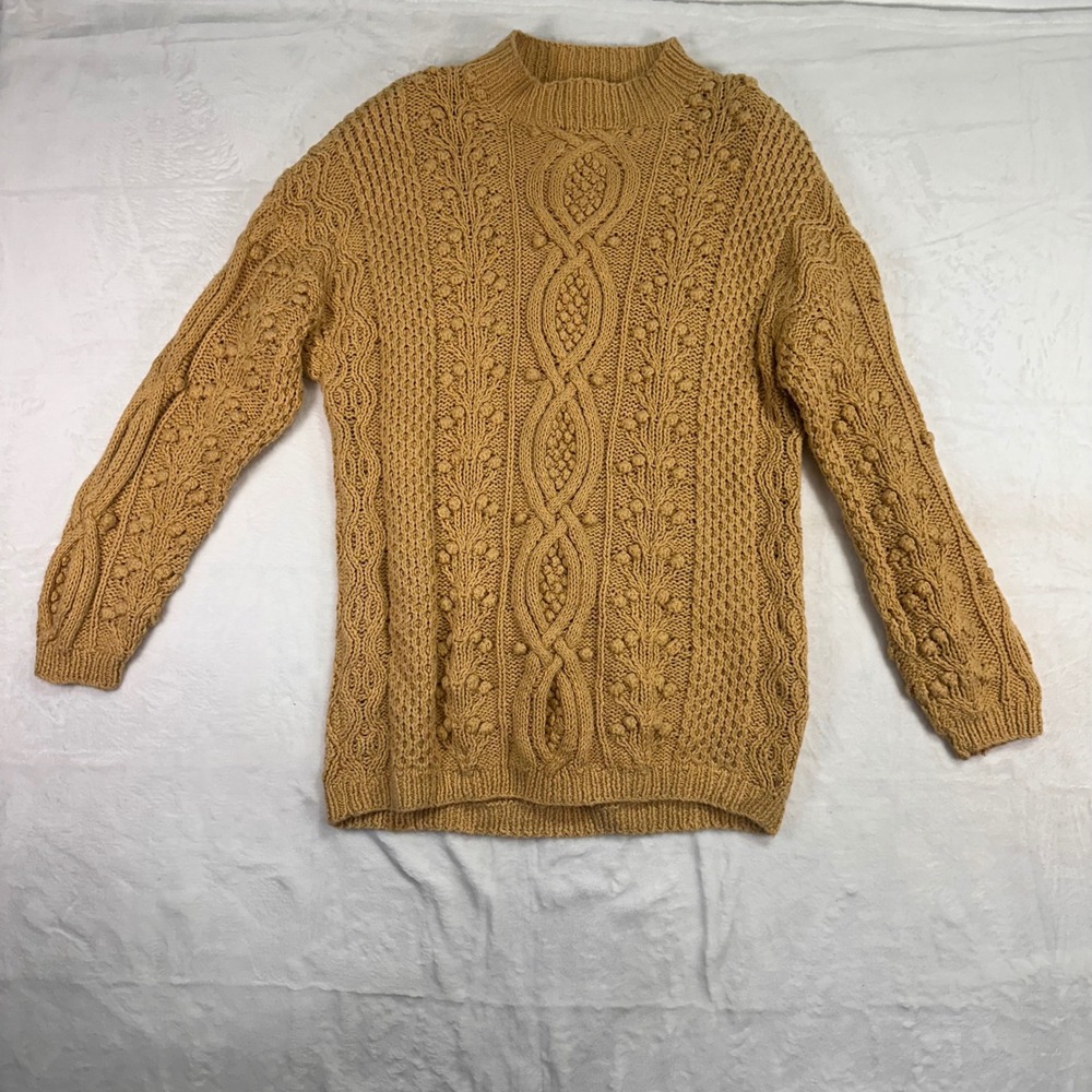 Express Tricot Handknitted Sweater M Tan Cable Knit Bobble Mock Neck Women